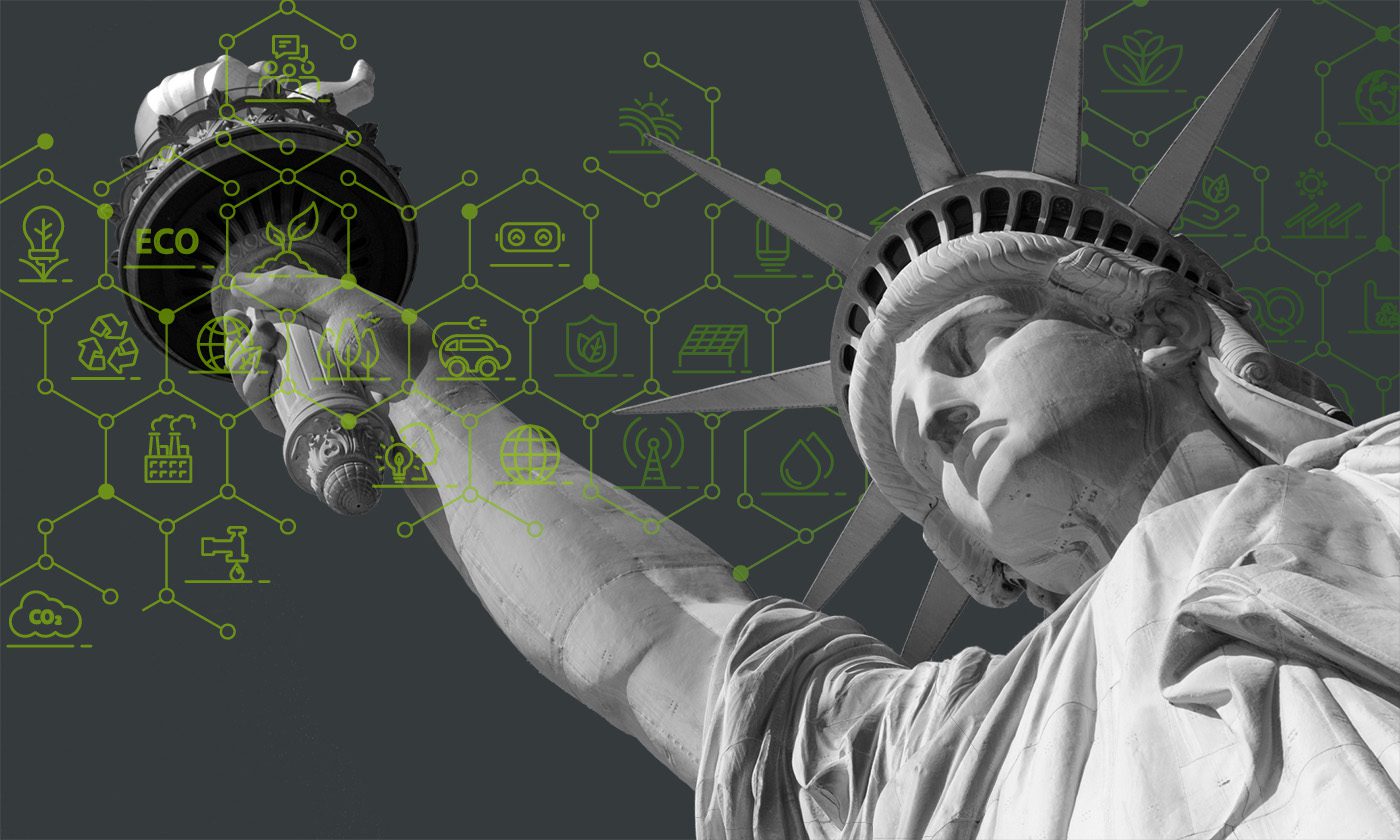 Close up of Statue of Liberty with climate and sustainability icons
